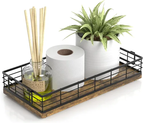 Miniatura 12 de Cesta de papel higiénico de acacia, bandeja de 13 pulgadas para almacenamiento de artículos de aseo en la parte superior del inodoro, organizador