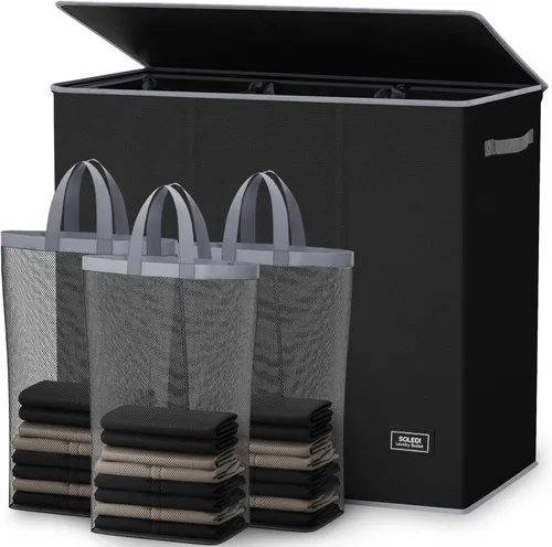 SOLEDI Cesta de ropa sucia de 180L de 3 secciones, cesta de ropa sucia extra grande con tapa, cesta de ropa sucia con asa resistente, organizador de