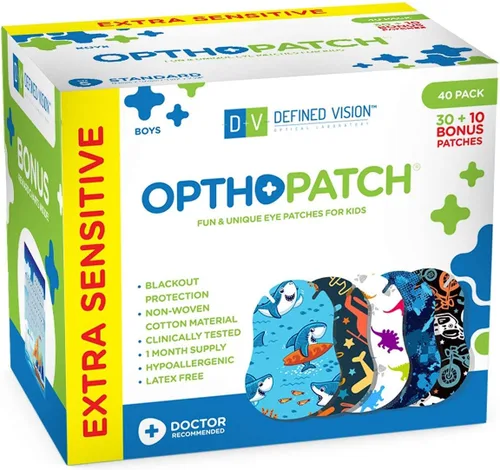 Miniatura 6 de OPTHOPATCH Defined Vision - Parches para ojos para niños, diseño divertido para niños, 30 + 10 vendajes adhesivos extra sensibles de algodón