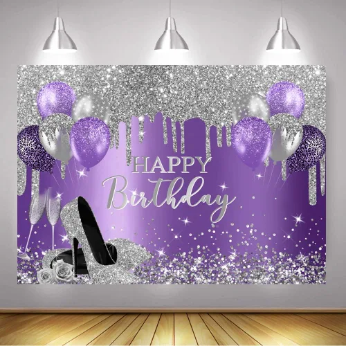 Miniatura 4 de Mocsicka Telón de fondo de cumpleaños morado y plateado, decoración de fiesta de cumpleaños, globos con purpurina, tacones altos, telón de fondo