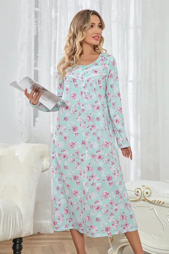 Miniatura 3 de IZZY + TOBY Camisones de algodón de manga larga para mujer, camisón de algodón suave para mujer, camisón largo para dormir