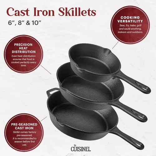 Miniatura 2 de Cuisinel Juego de sartenes de hierro fundido, 6 + 8 + 10 pulgadas + tapas de vidrio + fundas de soporte de mango de silicona - Sartén pre-sazonada