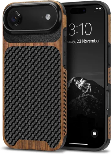Miniatura 31 de TENDLIN Compatible con iPhone 17 Pro Max Funda de madera con textura de fibra de carbono Diseño de cuero híbrido delgado (negro)