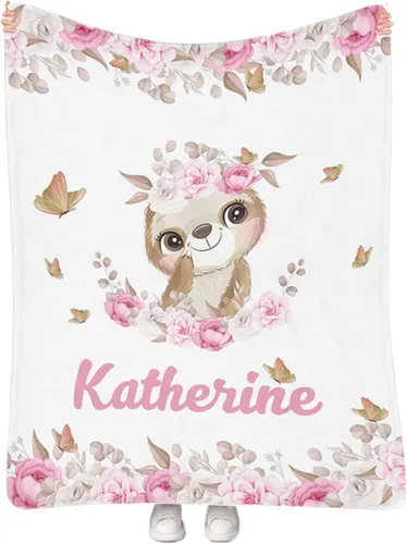 Miniatura 8 de Manta personalizada para niñas con nombre, manta personalizada de perezoso y mariposa, manta de forro polar suave para recién nacidos, baby shower