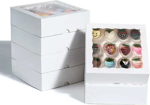 RomanticBaking Paquete de 24 cajas de panadería (no incluye alimentos) de 7 x 7 x 2 1/2 pulgadas, cajas de fresas cubiertas de chocolate blanco