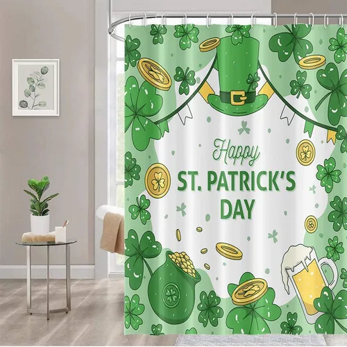 Cortina de ducha para el día de San Patricio, sombrero de trébol verde, monedas doradas, cortina de ducha de vidrio de cerveza, juego de decoración