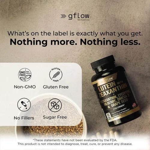 Miniatura 8 de gflow vitamins Suplementos de luteína y zeaxantina, vitaminas avanzadas para los ojos con astaxantina, Omega 3, resveratrol, arándano, licopeno