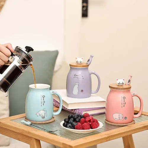 Miniatura 3 de Juego de 2 Tazas de Gato Lindas Juego de Tazas de Té de Gato Taza de Café de Cerámica con Tapa Kawaii y Cuchara Tazas Lindas para Mujeres Niñas