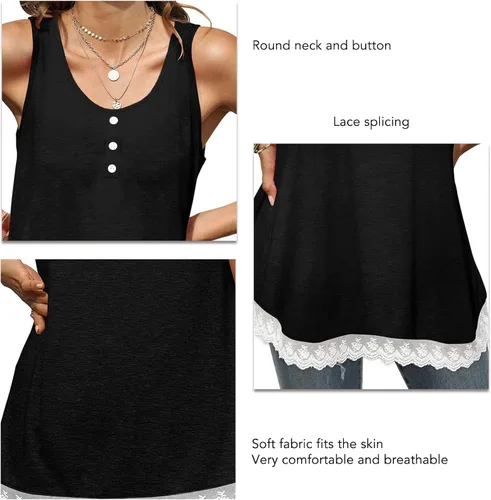 Miniatura 7 de Women Crewneck Button Up Tank Top Casual Loose Pure Color Lace Trim Ruffle Hem Camisole for Daily Party Date