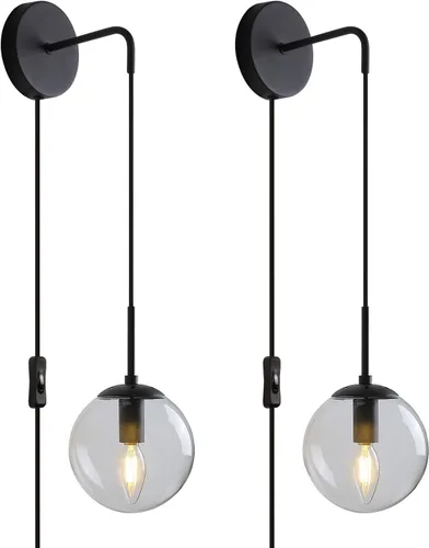 Miniatura 12 de Juego de 2 apliques de pared negros y latón dorados. Juego de 2 apliques de pared enchufables con pantalla de vidrio ámbar globo, lámparas de pared