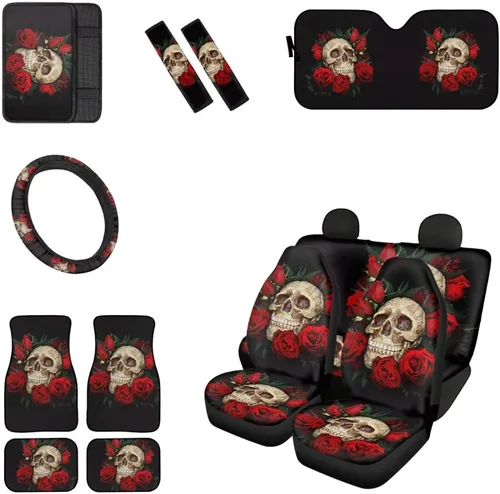 Juego de 13 piezas de accesorios de automóvil de calavera con rosa roja, incluye fundas de asiento delantero y trasero, parabrisas de automóvil,