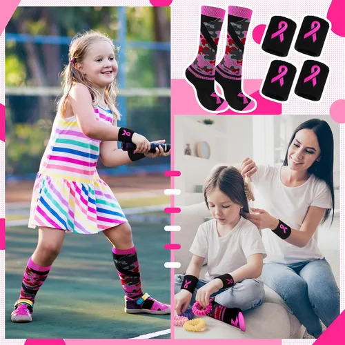Miniatura 5 de Jiuguva Juego de pulseras y calcetines con cinta rosa para concienciación del cáncer de mama, incluye calcetines deportivos de camuflaje rosa