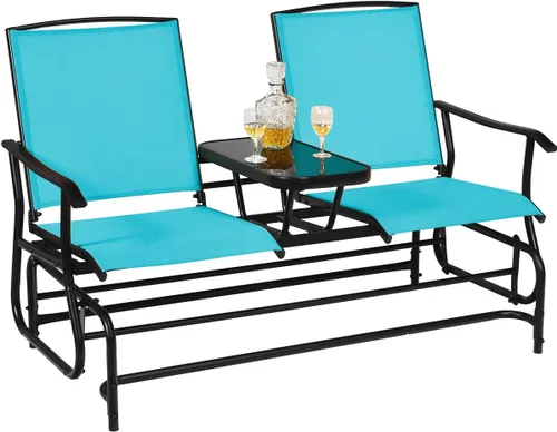 Giantex Banco Mecedor para Patio con Marco de Metal, Mesa Central de Vidrio Templado, Asiento Mecedor Doble para Balcón, Jardín, Lado de la Piscina,