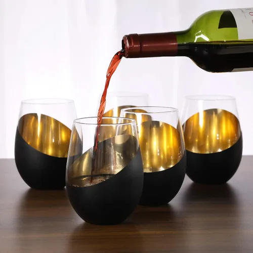 Miniatura 3 de MyGift Vasos de vino sin tallo, diseño moderno mate negro y dorado, 18 onzas, juego de 6 Negro (juego de 6)