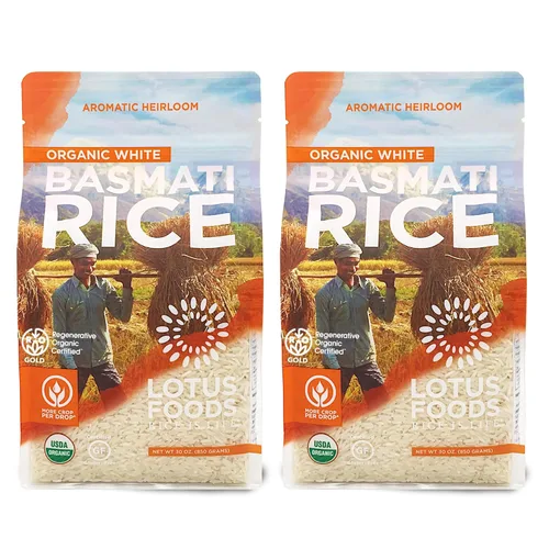 Lotus Foods Regenerative - Arroz basmati blanco orgánico – Arroz blanco de grano largo sin gluten, vegano, sin OMG, uso para curry, salteados, pudín