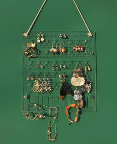 Soporte para aretes para colgar en la pared, organizador de joyas, estante acrílico con 96 agujeros, 6 ganchos para collares, pulseras (accesorios