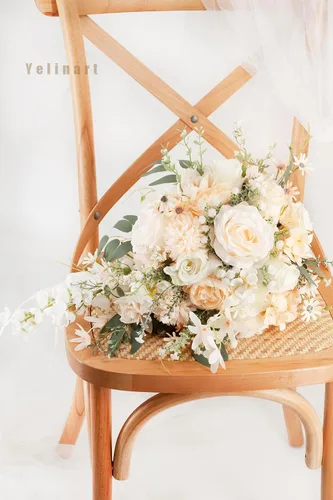 Miniatura 5 de Ramos de boda de champán de 11 pulgadas para novia, rosas artificiales blancas, ramo de flores en cascada para novia, rústico, bohemio, otoño