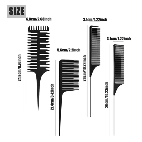 Miniatura 2 de Fox Baby Peine para peinar el cabello, 4 peines de metal negro, resaltado, estilo profesional, para estilista en casa, peluquero, tejido, teñido