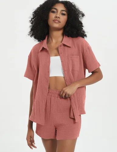 Miniatura 2 de PEHMEA Conjunto casual de 2 piezas de algodón y lino con botones, camisa de papel, pantalones cortos