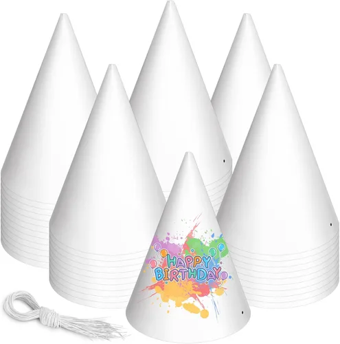 Miniatura 7 de Sombreros de fiesta de papel blanco para cumpleaños de niños, manualidades decorativas de cono a granel para adultos, arte de bricolaje, suministros