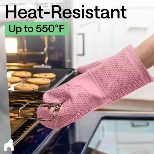 Miniatura 5 de GORILLA GRIP Guantes de horno de silicona suave sin BPA, guantes de cocina resistentes al calor e impermeables, forro de algodón grueso, agarre Rosa
