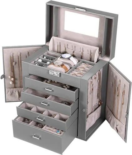 BEWISHOME Joyero grande de 5 niveles organizador de joyas con espejo de cerradura para mujeres y niñas cajas de joyería para collares anillos aretes