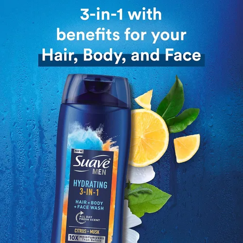 Miniatura 5 de Suave Jabón hidratante para hombre, para cuerpo, cara y cabello, 3 en 1 para piel y cabello hidratados, aroma cítrico y almizcle, sin parabenos, sin