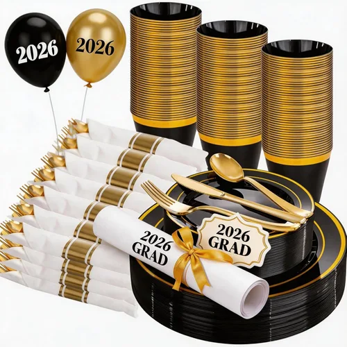 WELLIFE 210 piezas platos de plástico negro y dorado - Juego de vajilla de plástico para 30 invitados, incluye 30 platos de cena, 30 platos de