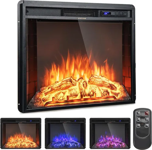 Tangkula Chimenea eléctrica empotrada, chimenea de 26 pulgadas con brillo de llama ajustable, pantalla LED y control remoto con temporizador,