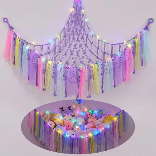 Miniatura 8 de FIOBEE Red de Animales de Peluche o Hamaca con Luz LED, Hamaca de Juguetes Colgante Organizador de Almacenamiento Soporte para Animales de Peluche