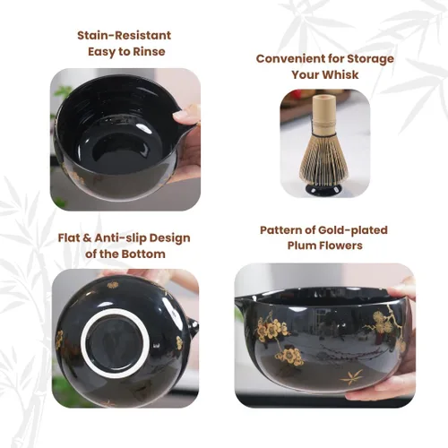 Miniatura 5 de Juego de batidor de matcha, 8 piezas de oro de flor de ciruelo para ceremonia de té japonesa, cuenco de cerámica con boquilla, batidor de bambú
