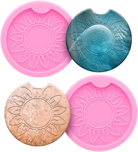 2 piezas DIY Sun Flower Style Car Coaster Moldes de silicona de resina epoxi moldes de fundición para tapetes, decoración del hogar, moldes de