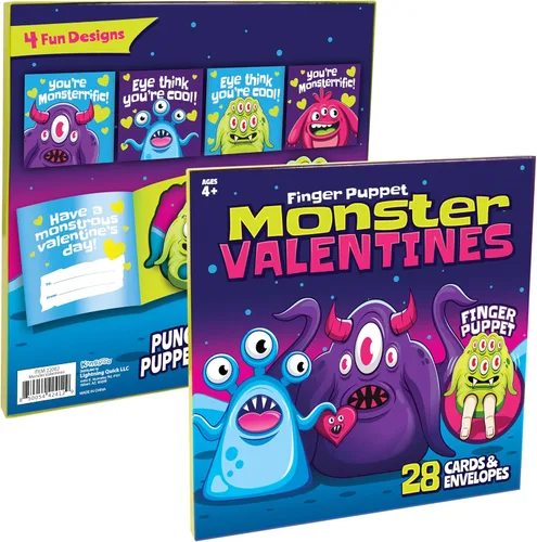 Miniatura 6 de Paquete de 28 marionetas de dedo de monstruo con sobres, tarjetas de felicitación del día de San Valentín, juguetes a granel para fiestas, regalos