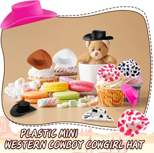 Miniatura 5 de XIPEGPA 120 sombreros de plástico mini vaquera occidental, sombreros en miniatura, manualidades de fiesta occidental para vaquera, suministros