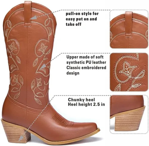 Miniatura 2 de GOSERCE Botas vaqueras para mujer, botas vaqueras a media pantorrilla, bordado floral, punta puntiaguda, tacón grueso, 2.5 pulgadas, de moda