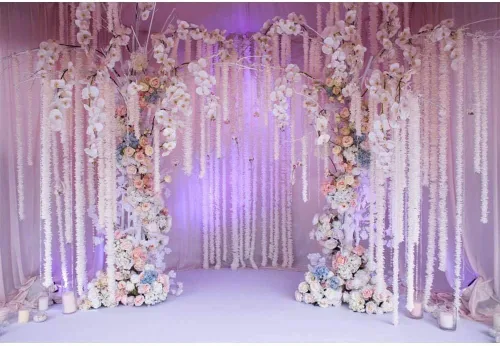 Miniatura 4 de Yeele Fondo fotográfico de ceremonia de boda de 6 x 4 pies, fondo de fotografía con flores blancas moradas, aniversario, despedida de soltera, boda
