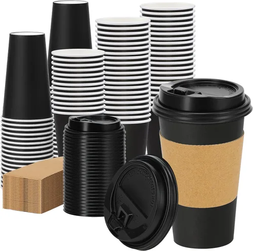 Miniatura 10 de Lamosi Paquete de 100 tazas de café desechables de 16 onzas con tapas y mangas, a prueba de fugas, tazas de café de papel con tapas, bebidas