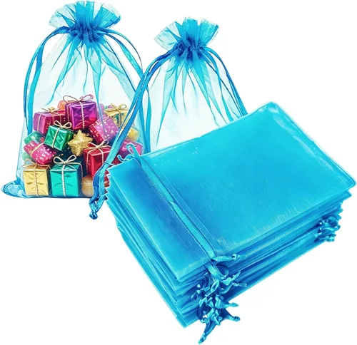 50 bolsas de regalo de organza con cordón de 4 x 6 pulgadas, color azul aguamarina para joyas, dulces, tela transparente de malla transparente para
