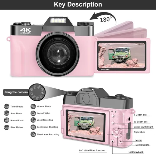 Miniatura 4 de VETEK - Cámaras digitales para fotografía, cámara vlogging 4K de 48 MP con zoom digital 16X de enfoque manual, cámara compacta para estudiantes