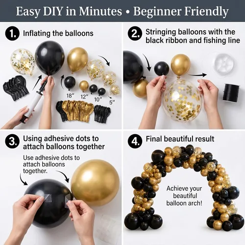 Miniatura 3 de 113pcs Black and Gold Balloon Garland Arch Kit, 18 12 10 5 Inch Black Metallic Gold Confetti Latex Balloons for 2026 Graduation Decorations Class of