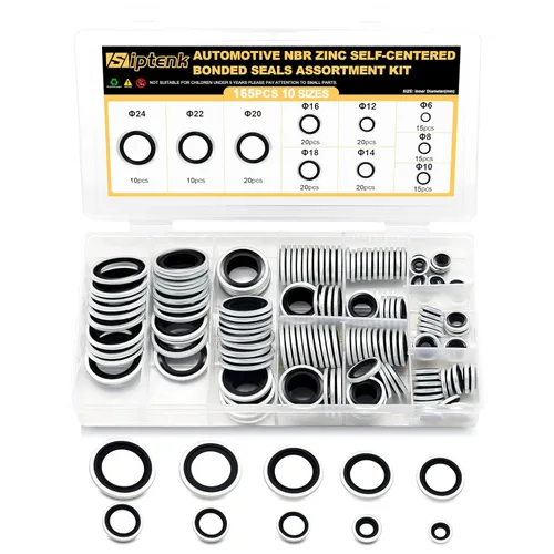Siptenk Juego de 165 arandelas de sellado autocéntricas automotrices surtidas de metal chapado en zinc negro NBR Dowty sellando junta tórica Juego