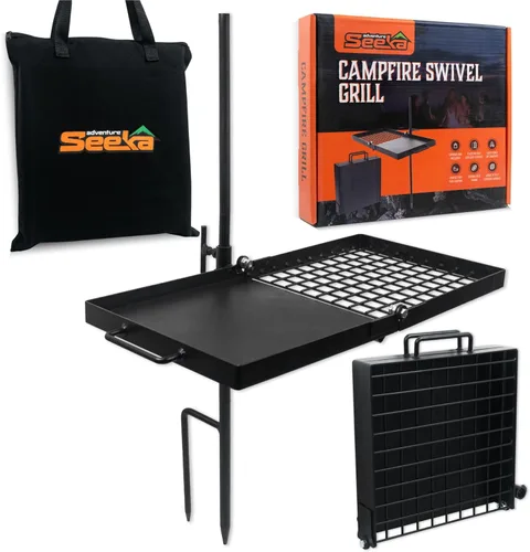 Adventure Seeka Parrilla Plegable para Fogata de Servicio Pesado de 24", Diseño de Parrilla Giratoria Compacta, Superficie de Cocción Segura para