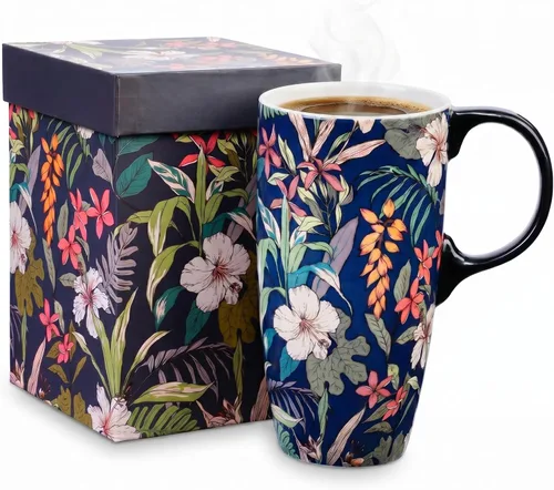 Taza de cerámica de viaje de regalo Topadorn con tapa de 17 onzas, taza alta de porcelana con asa para el hogar y la oficina, taza de té con patrón