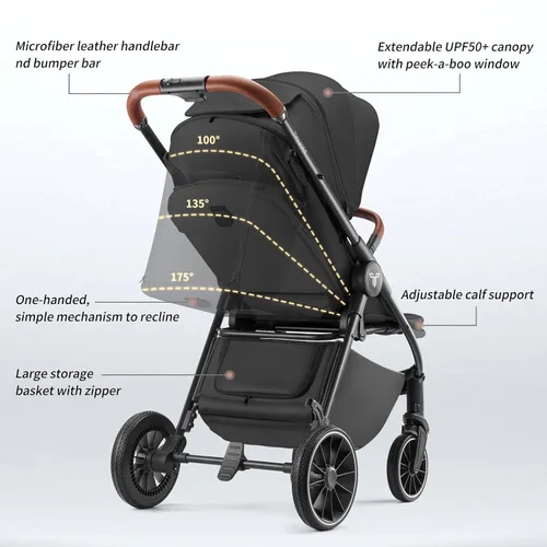 Miniatura 6 de Cochecito Tinyiota para bebés, cochecitos para niños pequeños con gran dosel UPF 50+, cochecito de bebé de lujo con asa de cuero y asiento Negro