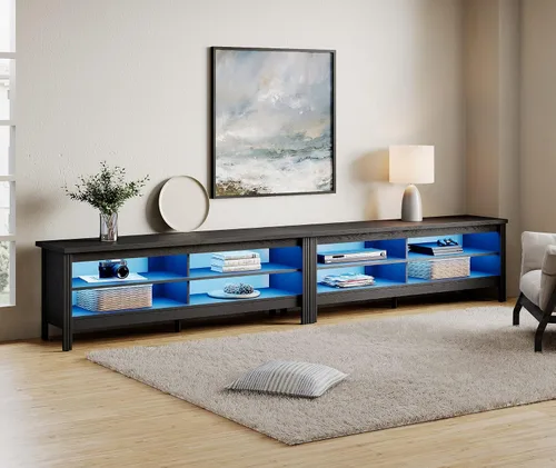 WAMPAT Soporte de TV LED para TV de 85 pulgadas, centro de entretenimiento negro para mesa consola de TV de 80 a 90 pulgadas con almacenamiento de 8