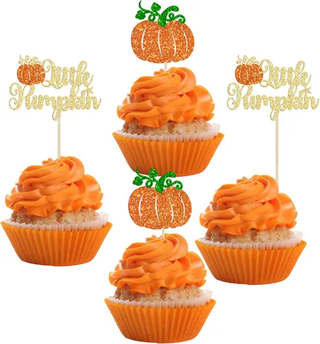 Miniatura 21 de 24 adornos para cupcakes de calabaza para niños o niñas con purpurina para revelación de género, decoración para cupcakes de calabaza, pies