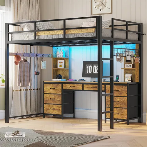Miniatura 9 de ADORNEVE Cama tipo loft de tamaño completo con escritorio y 8 cajones de almacenamiento, camas loft de metal completas con luces LED y estación