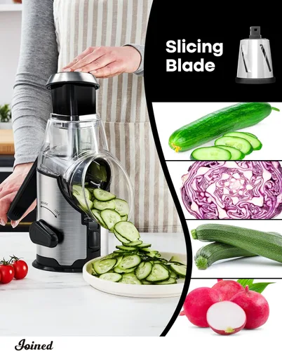 Miniatura 5 de Joined Rallador rotativo de queso con mango - Cortador de mandolina con 3 cuchillas de tambor de acero inoxidable, cortador de verduras, nueces