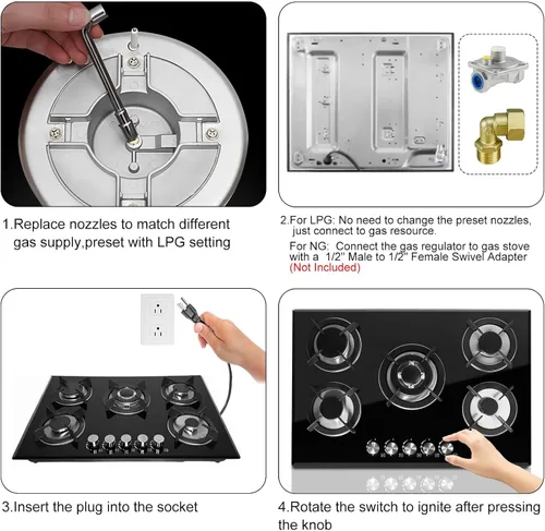 Miniatura 7 de Estufa de gas con 5 quemadores, parte superior de estufa de vidrio templado incorporada, estufa de propano GLP/NG, estufas de empotrar precios,5