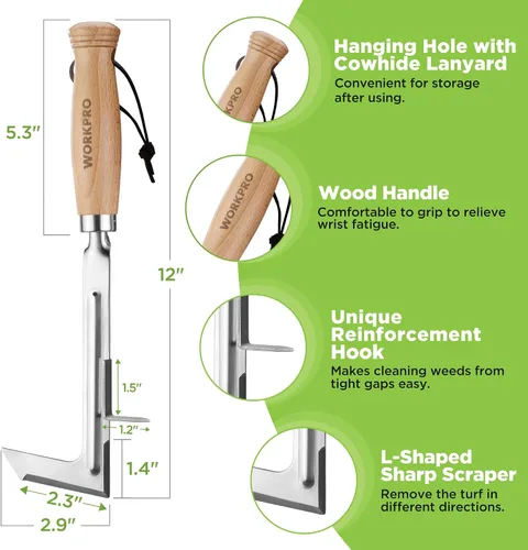 Miniatura 2 de WORKPRO Desbrozadora de grietas, herramienta de deshierbe de acero inoxidable de 12 pulgadas con mango de madera de haya, espátula extractora